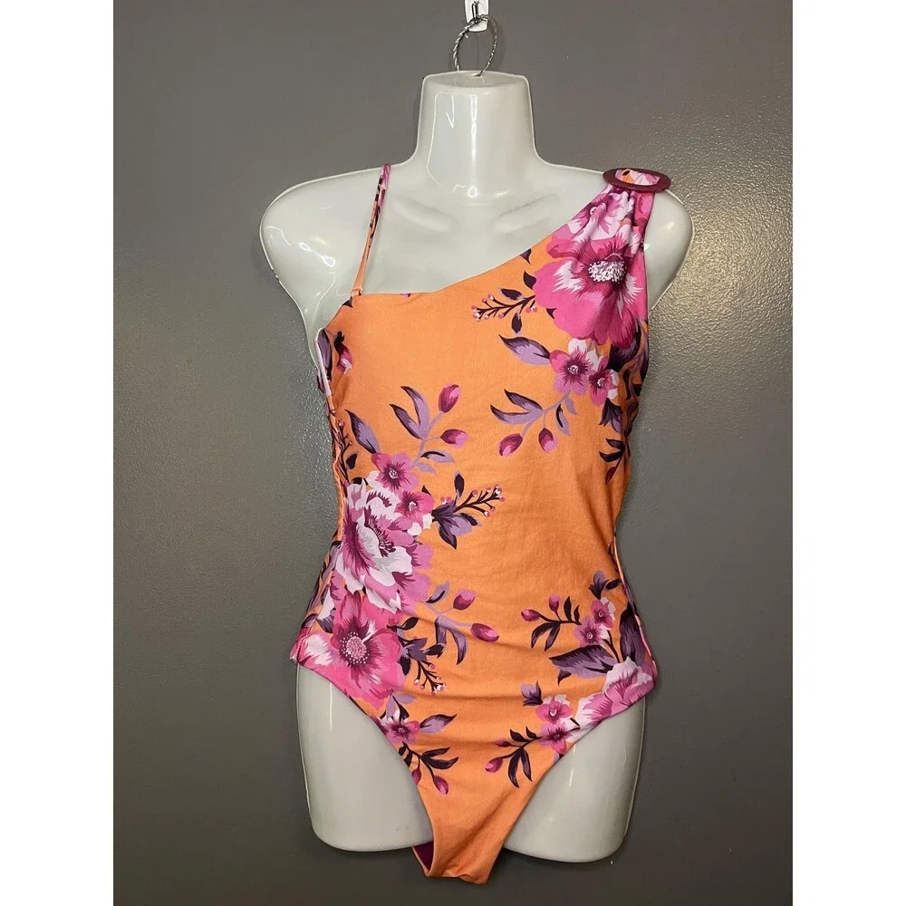 Becca One Piece Swimsuit Womens Medium Orange Floral One Shoulder Cutout Back